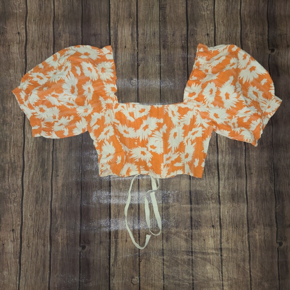 Karlie Milkmaid Corset Crop Top Womens L Orange‎ Puff Sleeves Cottagecore Boho